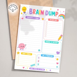 Könnte beinhalten: Ein farbenfrohes Brain Dump Planerblatt mit Abschnitten für Thoughts & Ideas, To-Do List, Worries to Release, Don't Forget und Top 3 Priorities. Das Design enthält eine Glühbirne, eine Gehirnfigur, einen Regenbogen und ein Bleistiftsymbol.