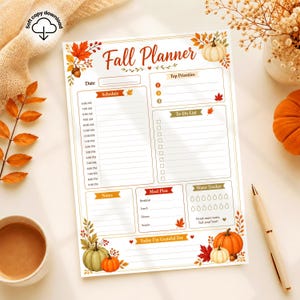May include: A Fall Planner printable sheet featuring the text Fall Planner at the top. The layout includes sections for Date, Schedule from 6:00 AM to 9:00 PM, Top Priorities, To-Do List, Notes, Meal Plan, Water Tracker, and Today I'm Grateful For.
