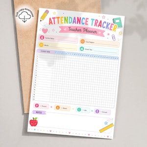 May include: A printable attendance tracker teacher planner sheet featuring colourful headers, a grid for thirty-one days, and twenty student rows. The page includes icons of a pencil, apple, and ruler, with text labels for teacher name, class, month, and school year.