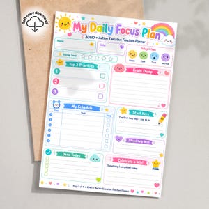 Puede incluir: Una hoja colorida de My Daily Focus Plan ADHD + Autism Executive Function Planner con secciones para prioridades, brain dump, horario y tareas. La página incluye ilustraciones de un sol, arcoíris, estrellas y corazones con texto.