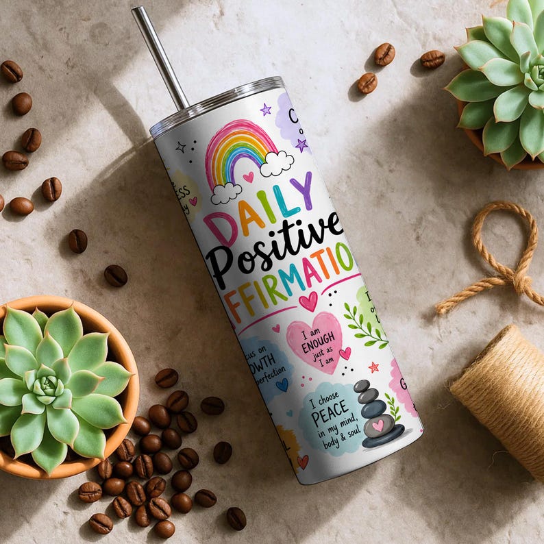 May include: A cylindrical stainless steel tumbler with a metal straw, featuring a white background printed with a colorful rainbow, pink hearts, stacked stones, and the text "DAILY POSITIVE AFFIRMATIONS," "I am ENOUGH," and "I choose PEACE."