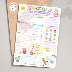 Könnte beinhalten: Ein farbenfroher Tagesplaner zur Stressbewältigung mit fröhlichem Design. Der Planer enthält Abschnitte für Tagespläne, Vorsätze, Stressbewältigungsaktivitäten, einen Stimmungstracker und Notizen. Der Text enthält "Stress Relief" und "Breathe in peace, breathe out stress."