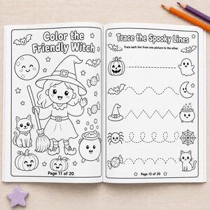 May include: An open activity book featuring black and white line art. The left page is titled Color the Friendly Witch and shows a witch, cat, pumpkins, and a cauldron. The right page is titled Trace the Spooky Lines with various tracing exercises.