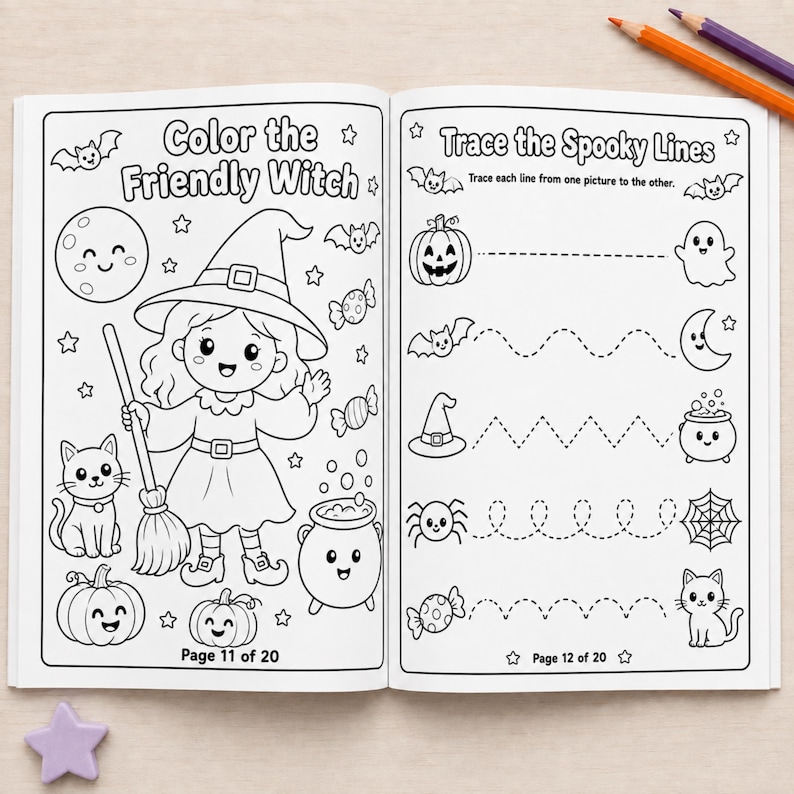 May include: An open activity book featuring black and white line art. The left page is titled Color the Friendly Witch and shows a witch, cat, pumpkins, and a cauldron. The right page is titled Trace the Spooky Lines with various tracing exercises.