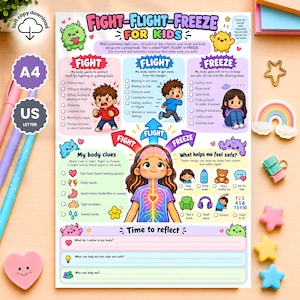 Op de afbeelding: Een educatieve poster getiteld Fight-Flight-Freeze for Kids met kleurrijke cartoonillustraties van kinderen en monsters. Het legt stressreacties uit met checklists, lichamelijke signalen en kalmeringstechnieken, inclusief een sectie voor reflectie.