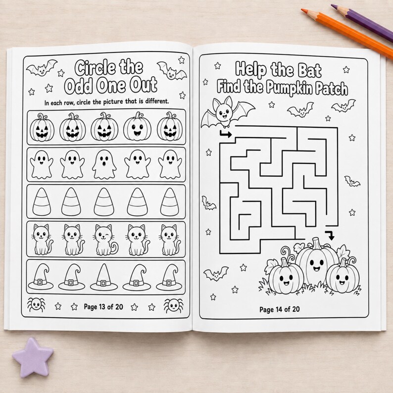 May include: An open activity book with black and white line art pages. The left page features a Circle the Odd One Out game with pumpkins, ghosts, candy corn, cats, and hats. The right page shows a maze titled Help the Bat Find the Pumpkin Patch.
