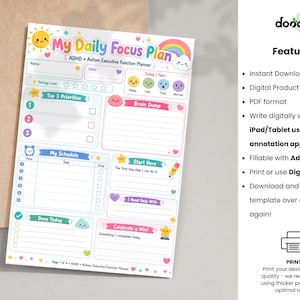 May include: A colourful daily planner sheet titled My Daily Focus Plan ADHD + Autism Executive Function Planner. It features sections for energy levels, top priorities, a brain dump, a schedule, and tasks, decorated with cartoon suns, rainbows, and stars.