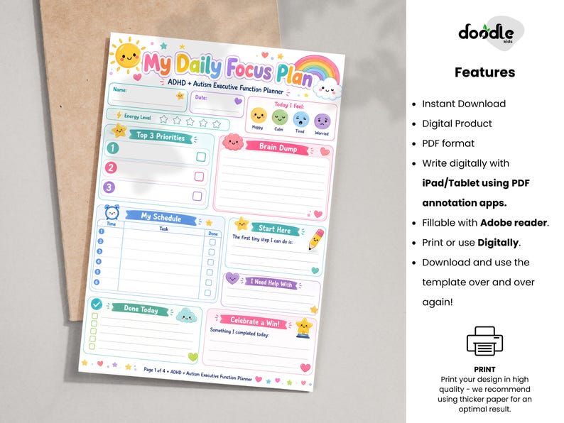 May include: A colourful daily planner sheet titled My Daily Focus Plan ADHD + Autism Executive Function Planner. It features sections for energy levels, top priorities, a brain dump, a schedule, and tasks, decorated with cartoon suns, rainbows, and stars.