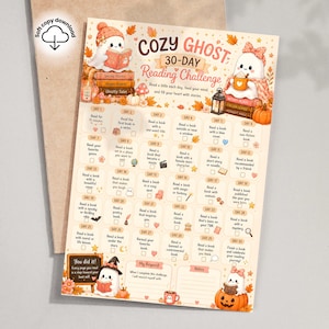 May include: A 30-day reading challenge tracker sheet titled Cozy Ghost featuring illustrations of ghosts, pumpkins, autumn leaves, and books. The grid contains thirty numbered boxes with reading prompts, a reward section, and a notes area in warm orange and cream tones.
