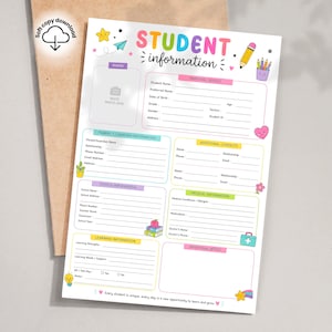 May include: A printable student information form featuring colorful headers and cute illustrations of a star, pencil, and heart. The document includes sections for personal details, parent information, school data, medical records, and learning notes.