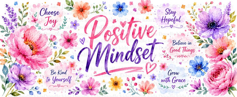 Może przedstawiać: Akwarelowa ilustracja przedstawiająca tekst Positive Mindset na środku, otoczony kolorowymi kwiatami oraz frazami Choose Joy, Stay Hopeful, Believe in Good Things, Be Kind to Yourself i Grow with Grace zapisanymi pismem odręcznym.