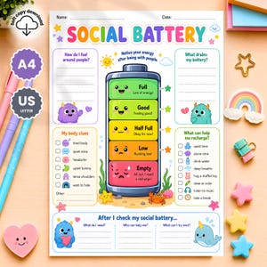 Puede incluir: Una hoja de trabajo imprimible Social Battery que presenta un gráfico central de batería con cinco niveles de energía codificados por colores, desde el verde hasta el rojo. La página incluye secciones para registrar sentimientos, pistas corporales y actividades.