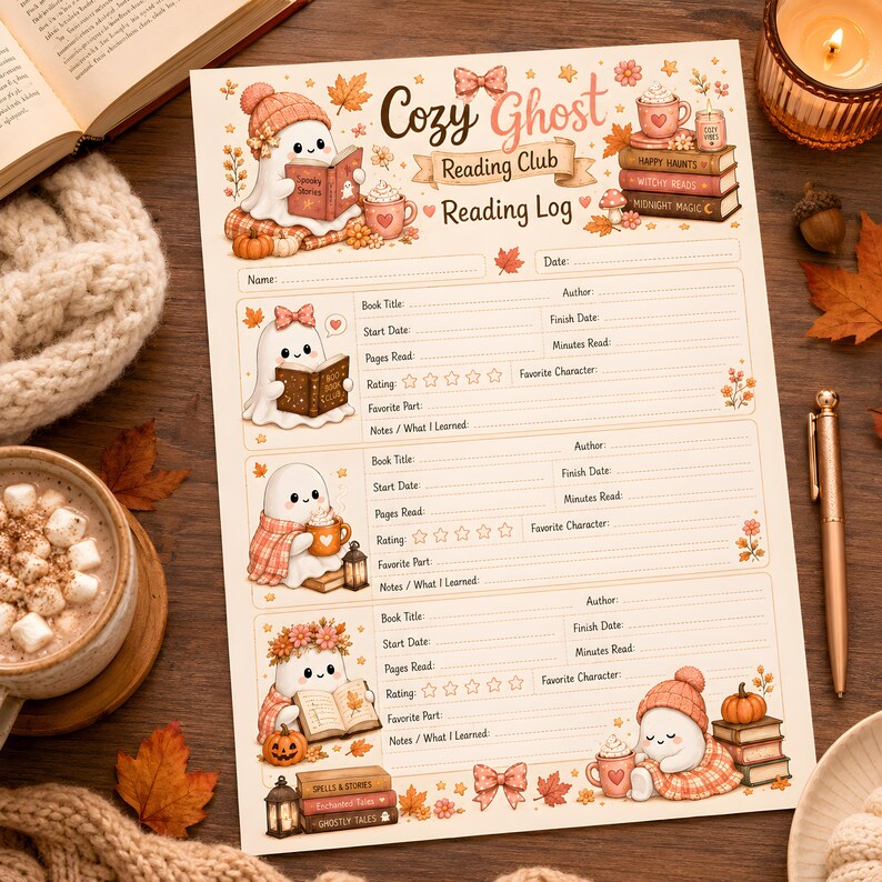 Puede incluir: Una hoja de registro de lectura titulada Cozy Ghost Reading Club con ilustraciones de fantasmas leyendo libros, calabazas y hojas de oto&ntilde;o. El formulario incluye secciones para t&iacute;tulo del libro, autor, fechas, p&aacute;ginas y notas.
