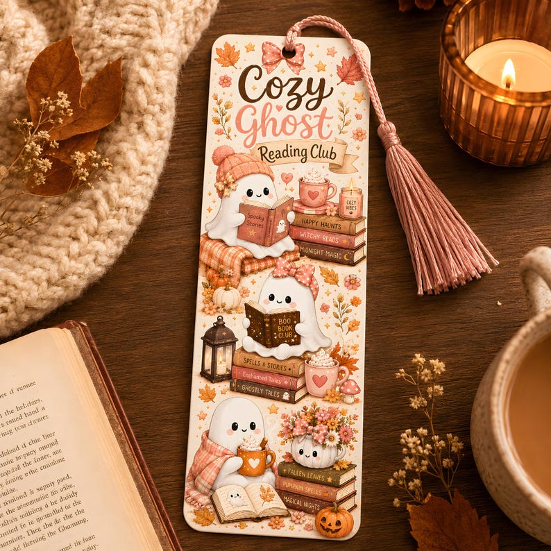 Puede incluir: Un marcap&aacute;ginas rectangular con el texto Cozy Ghost Reading Club, decorado con ilustraciones de tres fantasmas blancos leyendo libros, pilas de libros, calabazas, tazas y hojas de oto&ntilde;o, rematado con una borla rosa en la parte superior.