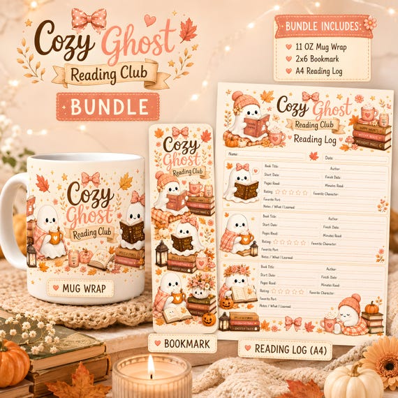 Cozy Ghost Reading Club Bundle, 11 Oz Mug Wrap, 2x6 Bookmark, A4 Reading Log
