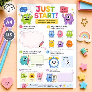 May include: A printable task management worksheet titled JUST START! featuring colorful cartoon monsters, numbered steps from one to six, a cloud-shaped writing area, and motivational text. The layout includes sections for tracking feelings, setting five-minute timers, and recording progress with checkboxes.
