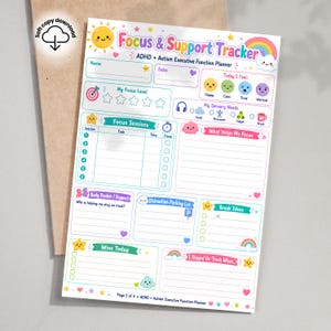May include: A colourful Focus & Support Tracker ADHD + Autism Executive Function Planner sheet featuring sections for name, date, focus level, sensory needs, focus sessions, body double support, distraction parking lot, break ideas, and wins.