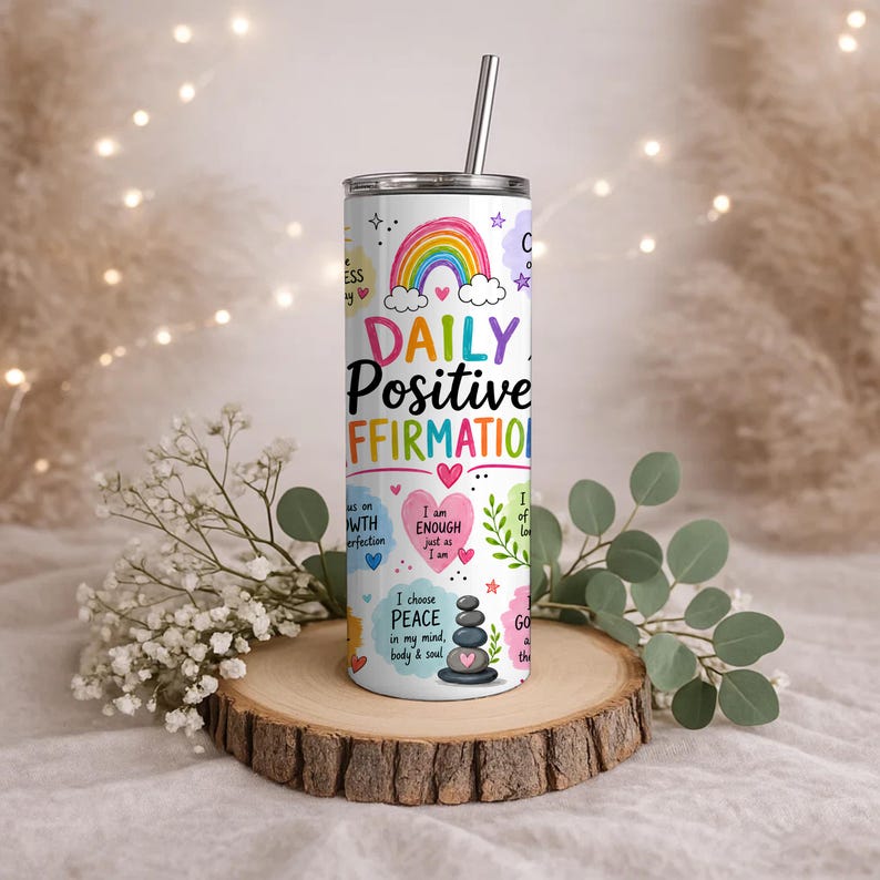 May include: A cylindrical white tumbler with a metal straw featuring a colorful rainbow graphic, the text DAILY POSITIVE AFFIRMATIONS, and various heart, leaf, and stone stack illustrations with inspirational phrases printed in multiple colors.