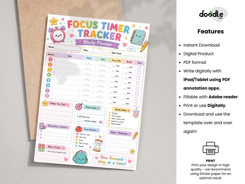 Fokus-Timer, Lernplaner, Produktivitäts-Arbeitsblatt, Aufgaben-Sitzung, Schüler-Organizer (PDF A4, A5) Bild 4