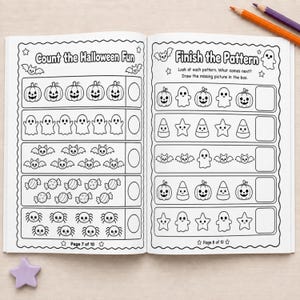 May include: An open activity book with black and white line art pages titled Count the Halloween Fun and Finish the Pattern. The pages feature rows of pumpkins, ghosts, bats, candies, spiders, and stars for counting and pattern completion exercises.