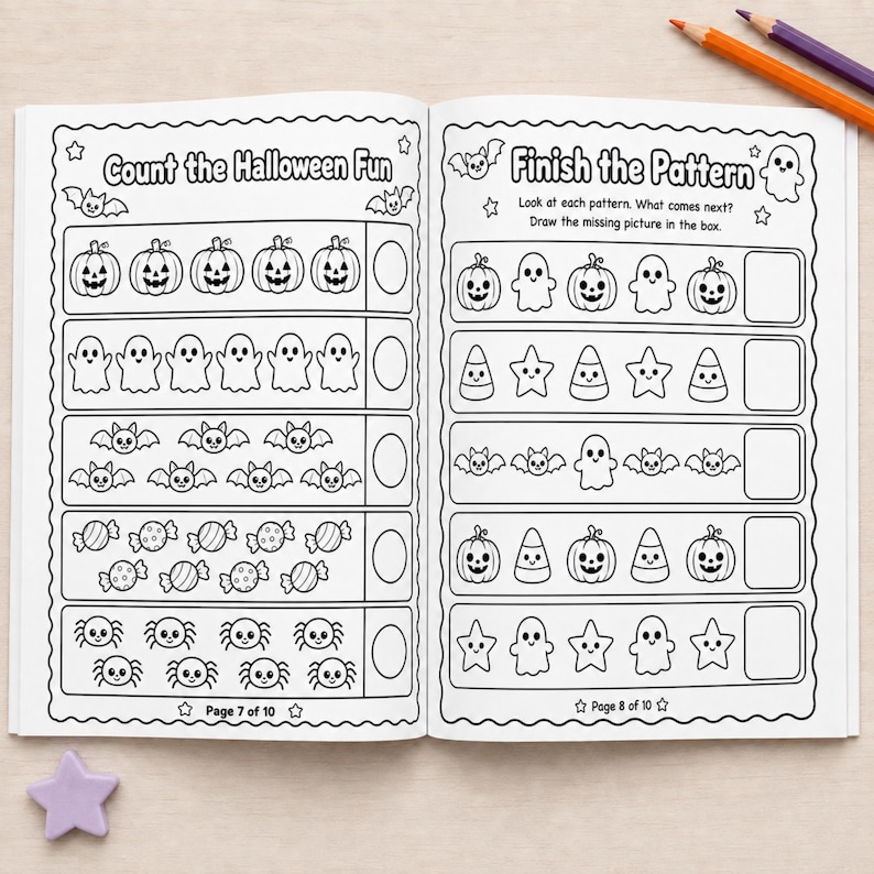 May include: An open activity book with black and white line art pages titled Count the Halloween Fun and Finish the Pattern. The pages feature rows of pumpkins, ghosts, bats, candies, spiders, and stars for counting and pattern completion exercises.