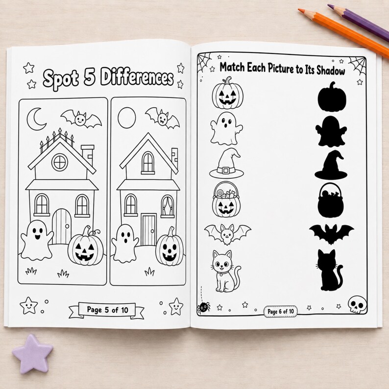 May include: An open activity book featuring two pages of Halloween-themed puzzles. The left page is titled Spot 5 Differences and shows two haunted houses with ghosts and pumpkins. The right page is titled Match Each Picture to Its Shadow.