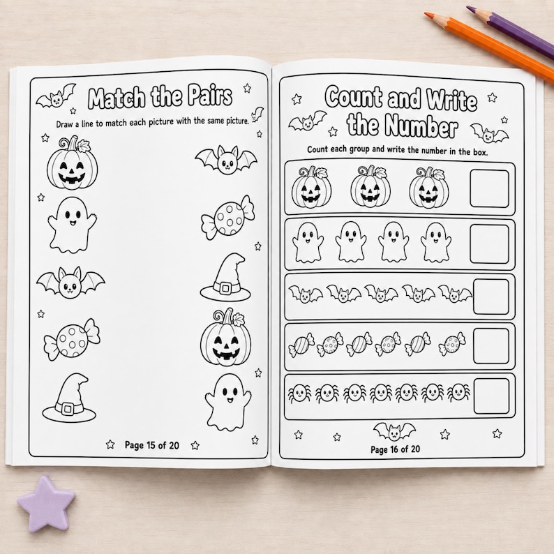 May include: An open activity book featuring black and white Halloween-themed worksheets. The left page shows a Match the Pairs exercise with pumpkins, ghosts, bats, candy, and hats. The right page displays a Count and Write the Number activity.