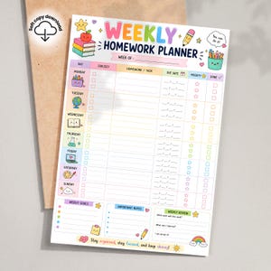 Puede incluir: Una hoja de planificador semanal de tareas con un diseño colorido estilo caricatura. Incluye columnas para día, materia, tarea, fecha de entrega, prioridad y casillas de verificación. Contiene secciones para metas semanales, notas y revisión.