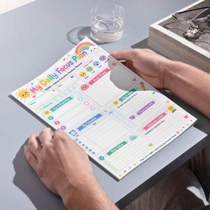 May include: A daily planner sheet titled My Daily Focus Plan ADHD + Autism Executive Function Planner. The page features colourful sections for Top 3 Priorities, Brain Dump, My Schedule, Start Here, I Need Help With, and Celebrate a Win.