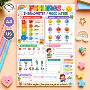 Pode incluir: Um gráfico Feelings Thermometer e Mood Meter com ilustrações coloridas de emoções, sensações corporais e estratégias de enfrentamento. O documento inclui oito seções numeradas com textos, caixas de seleção e um gráfico central de termômetro.