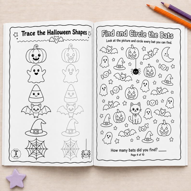 May include: An open activity book featuring two pages of black and white Halloween-themed line art. The left page is titled Trace the Halloween Shapes, and the right page is titled Find and Circle the Bats, with instructions and various icons.