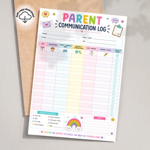 Op de afbeelding: Een printbaar logboek voor oudercommunicatie met een kleurrijke koptekst, regenboogafbeelding en secties voor leraar-, school- en leerlinggegevens. Het raster bevat kolommen voor datum, namen, communicatiemethode en follow-up vakjes.