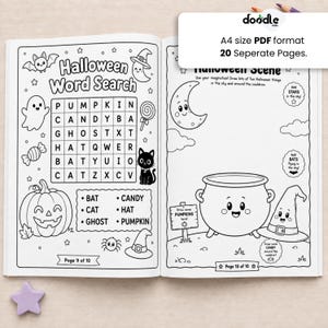 May include: A black and white Halloween activity book featuring a word search puzzle with a ghost, pumpkin, cat, and bat illustrations on the left page, and a drawing prompt scene with a cauldron and witch hat on the right page, in A4 PDF format.