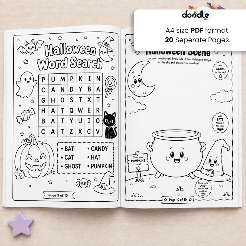 May include: A black and white Halloween activity book featuring a word search puzzle with a ghost, pumpkin, cat, and bat illustrations on the left page, and a drawing prompt scene with a cauldron and witch hat on the right page, in A4 PDF format.