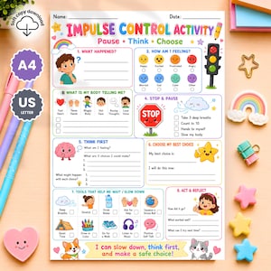 Pode incluir: Uma folha de atividades colorida sobre controle de impulsos para crianças com as seções Pause, Think, Choose. A página inclui passos numerados com ilustrações de um cérebro, uma placa de pare, um semáforo e rostos emocionais.