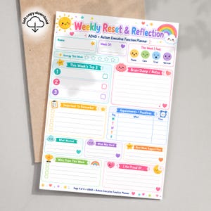 May include: A colourful Weekly Reset & Reflection ADHD + Autism Executive Function Planner page featuring sections for top priorities, brain dump notes, appointments, and weekly wins. The design includes pastel icons like a sun, rainbow, and clouds.