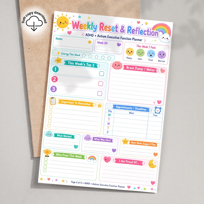 May include: A colourful Weekly Reset & Reflection ADHD + Autism Executive Function Planner page featuring sections for top priorities, brain dump notes, appointments, and weekly wins. The design includes pastel icons like a sun, rainbow, and clouds.