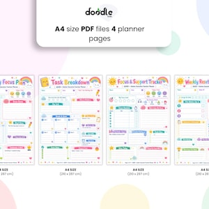 May include: Four A4 size PDF planner pages titled My Daily Focus Plan, Task Breakdown, Focus & Support Tracker, and Weekly Reset & Reflection. Each page features colourful icons, sections for notes, and tasks with a 210 x 297 cm dimension label.