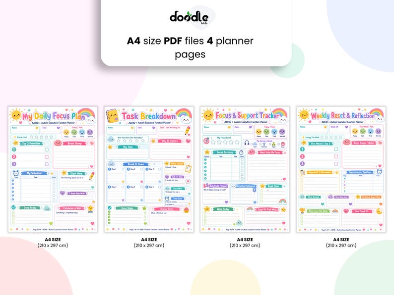May include: Four A4 size PDF planner pages titled My Daily Focus Plan, Task Breakdown, Focus & Support Tracker, and Weekly Reset & Reflection. Each page features colourful icons, sections for notes, and tasks with a 210 x 297 cm dimension label.