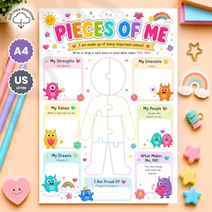 May include: A colourful printable worksheet titled PIECES OF ME with a central puzzle-shaped human outline. It features sections for strengths, interests, values, people, dreams, and pride, decorated with cartoon monsters, hearts, and rainbows.