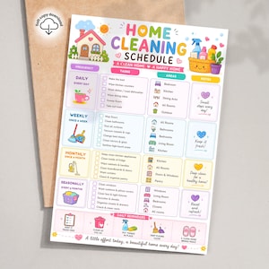 Puede incluir: Un planificador de limpieza del hogar colorido con una ilustración de una casa, artículos de limpieza y casillas de verificación. El texto incluye 'HOME CLEANING SCHEDULE', 'A CLEAN HOME A HAPPY HOME' y varias tareas diarias, semanales y mensuales.