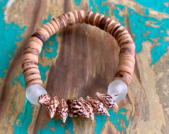 Tiny Tiger Shells with Sea Glass on Coconut Shell Beads Bracelet