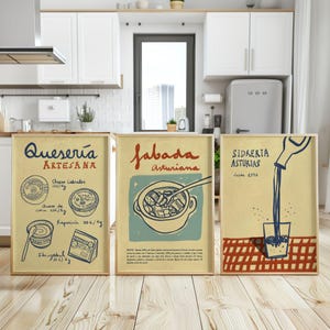 Pack de 3 Affiches Décoratives Asturies – Cidre, Fabada et Fromages (Cabrales, Idiazábal) | Décoration murale pour meuble de cuisine ou de bar (sans cadre)