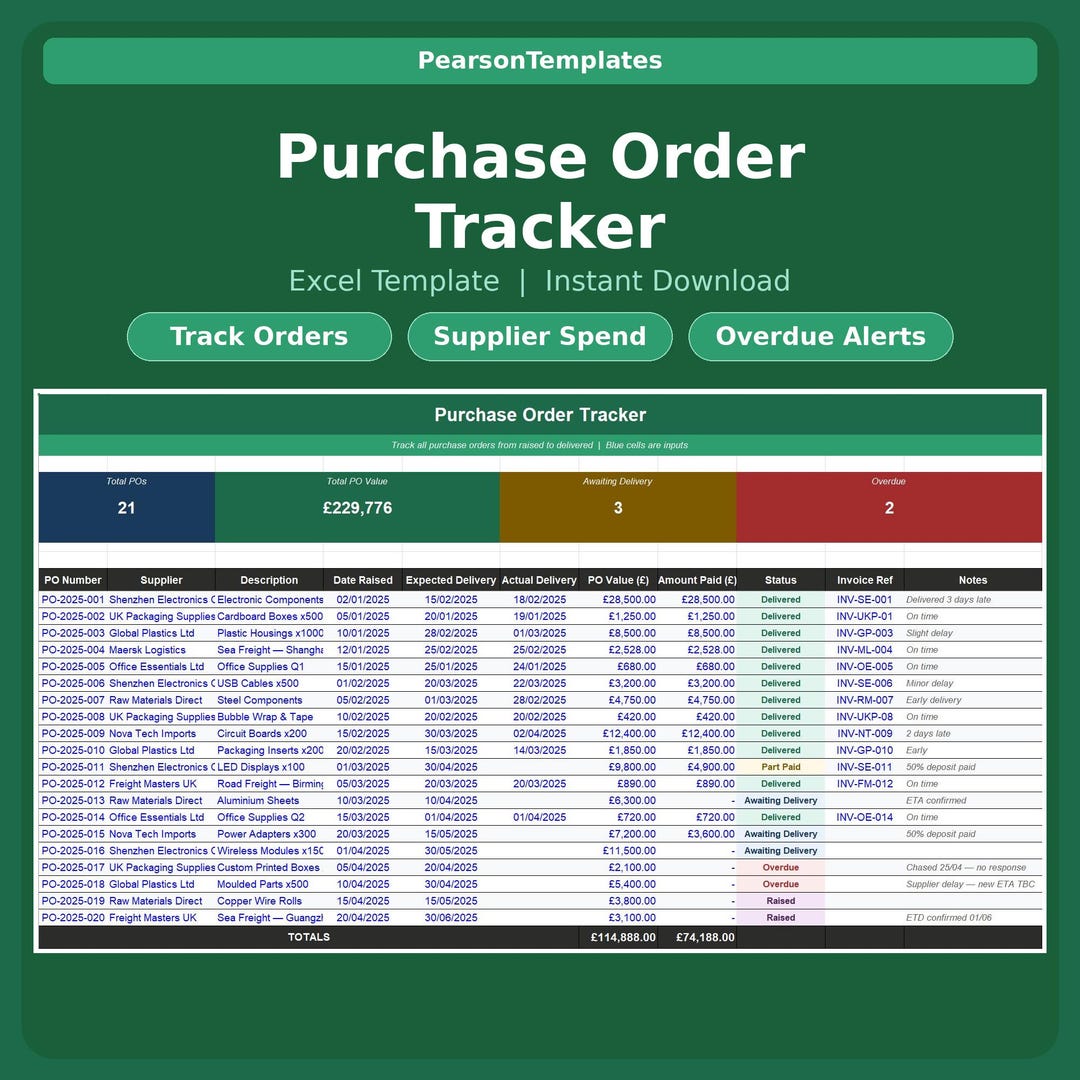 Purchase Order Tracker — Excel Spreadsheet Template | Track Pos ...