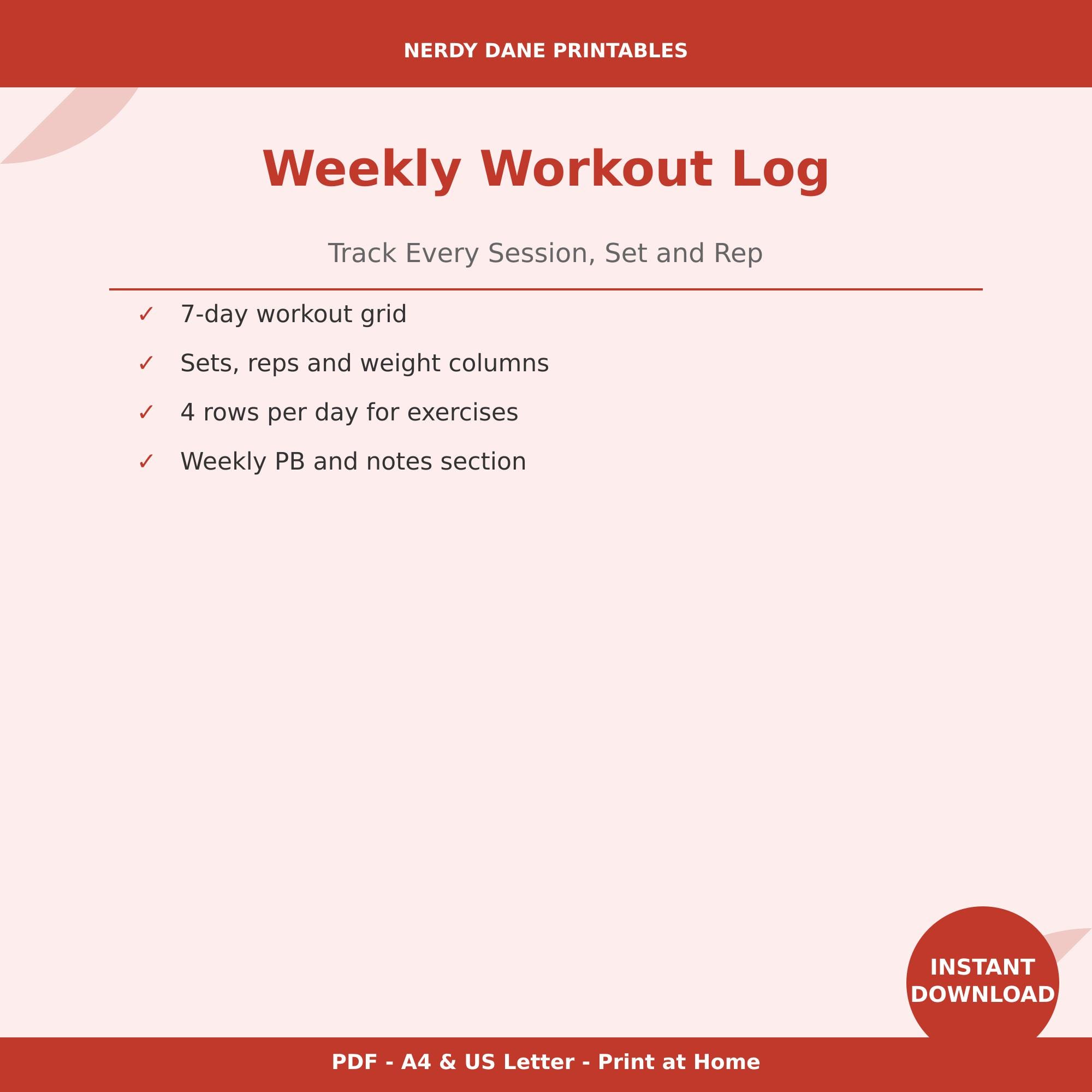Weekly Workout Log Printable PDF | Gym Training Tracker | Exercise Log ...