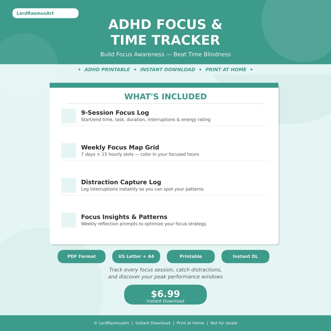 ADHD Focus Tracker Printable – Beat Time Blindness, Log Sessions (PDF ...