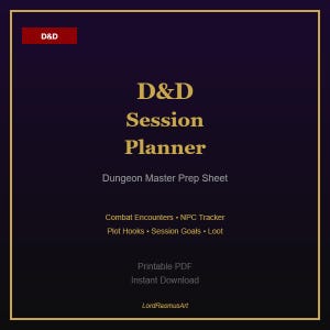 Könnte beinhalten: Ein digitaler D&D Session Planner mit einem dunkelvioletten Hintergrund und einem goldenen Rahmen. Der Text enthält "D&D Session Planner" und "Dungeon Master Prep Sheet". Enthält Kampferlebnisse, NPC-Tracker, Plot-Hooks, Session-Ziele und Loot. Sofortiger Download.