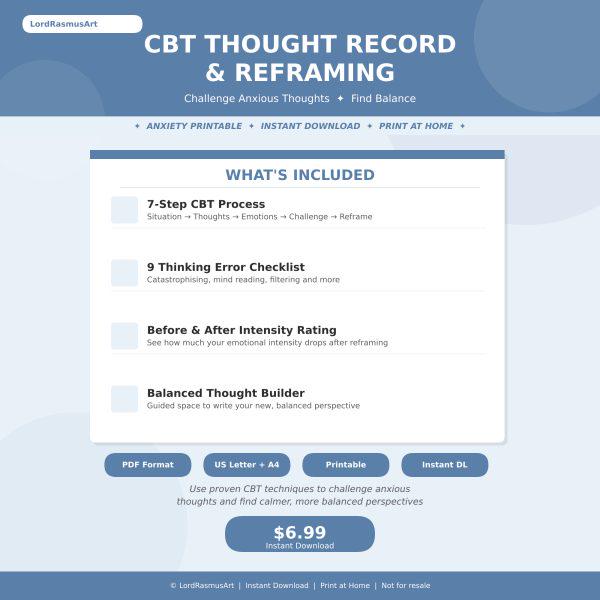 CBT Thought Record and Reframing Printable - Challenge Negative ...