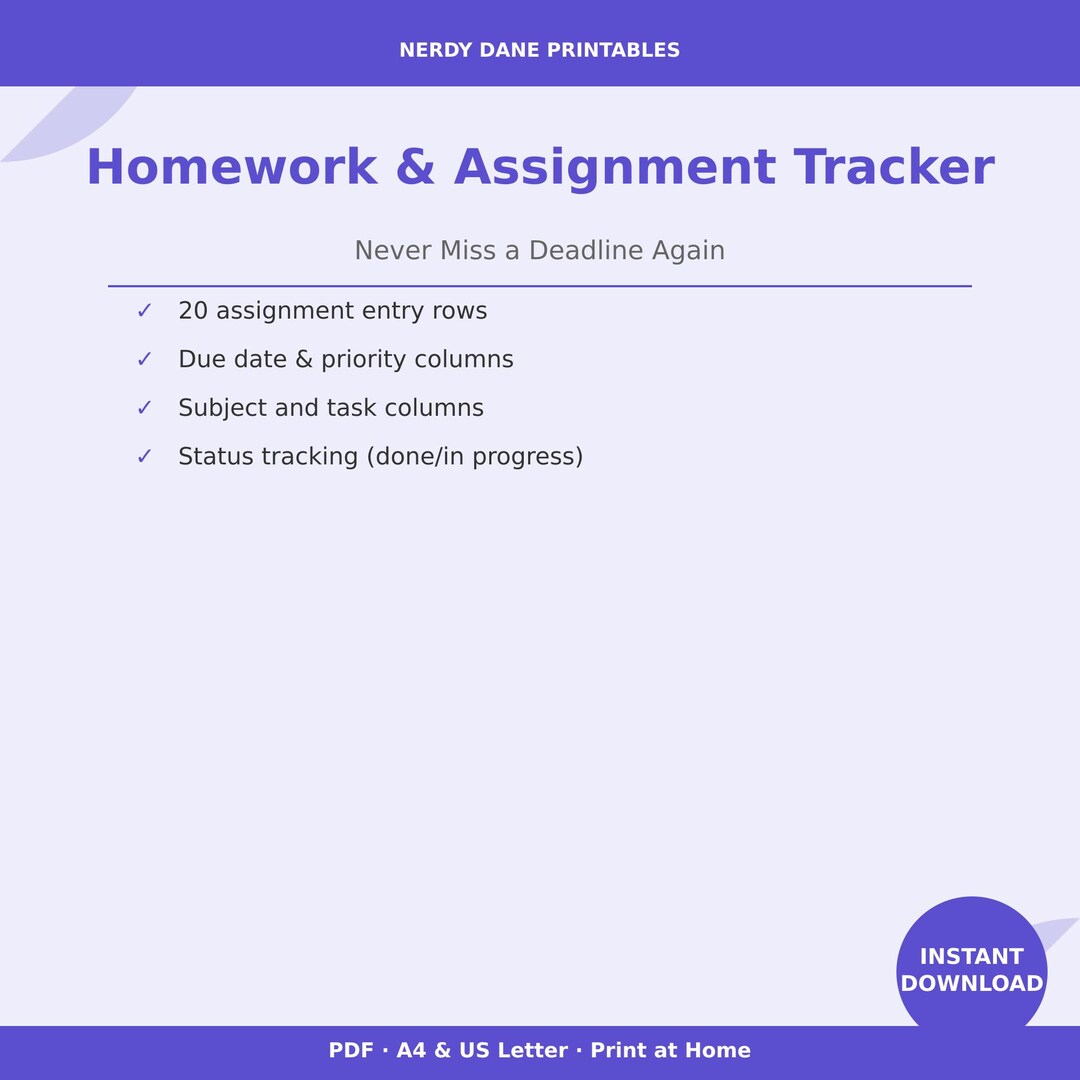 Homework & Assignment Tracker Printable PDF | Student Planner ...