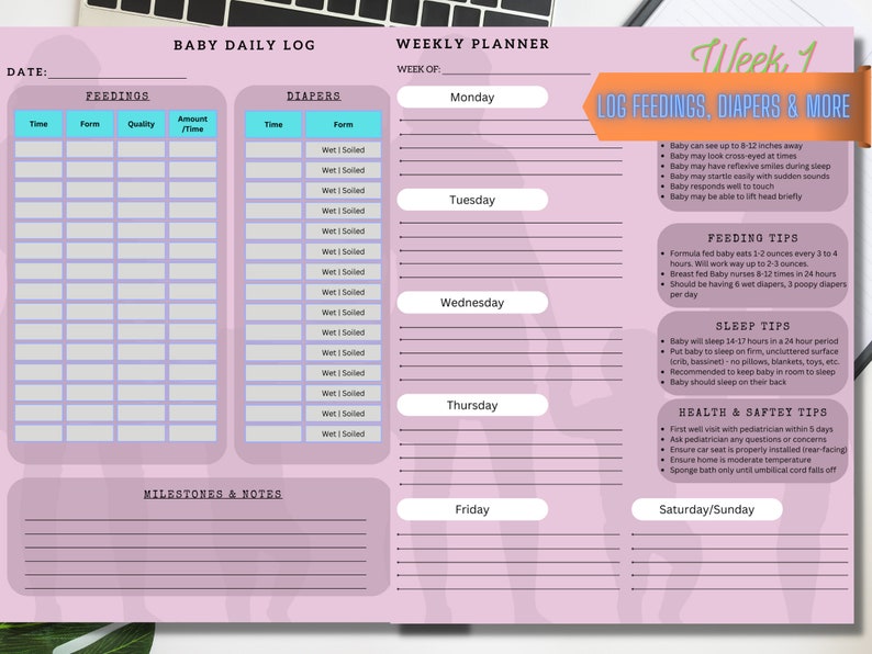 Weekly Planner for New Moms Printables for Parents Baby Daily Log